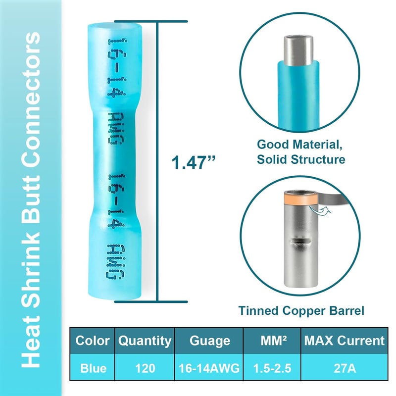 ZONBANG 120PCS Heat Shrink Butt Connectors, Insulated Waterproof Butt Connectors 16-14 AWG for Wiring, Marine, Automotive (Blue) - Image 2